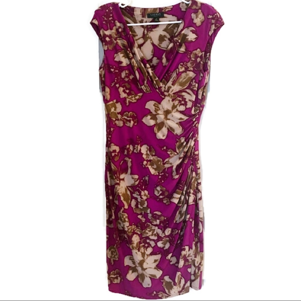 Ralph Lauren Fuschia Floral V-Neck Short Sleeve Wrap Dress Sz 10